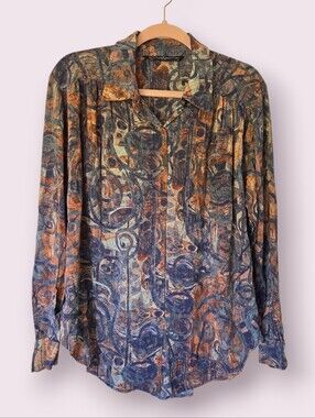 Peruvian Connection Abstract‎ Swirl Print Button Front Blouse Shirt Size L